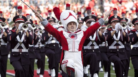 Ohio State Marching Band drum major performs at halftime of an Ohio State football game
