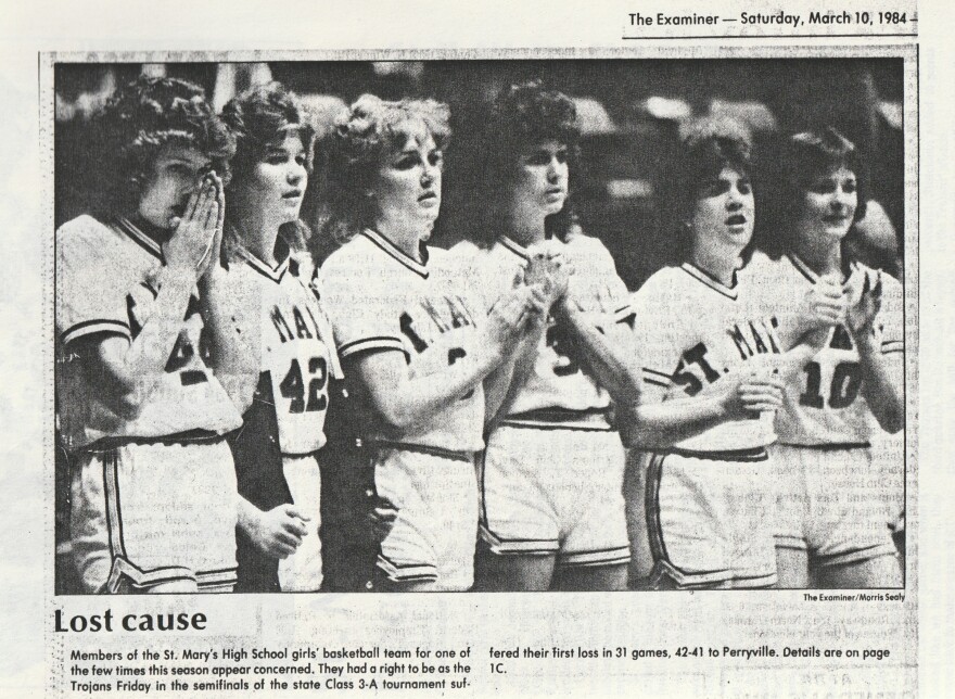 A newspaper clipping about the first loss of the 1984 season for St. Mary's High School girls' basketball team — in the Missouri state semifinals.