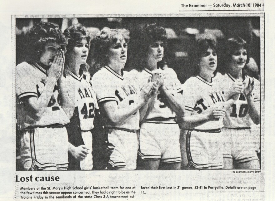  A newspaper clipping about the first loss of the 1984 season for St. Mary's High School girls' basketball team — in the Missouri state semifinals.