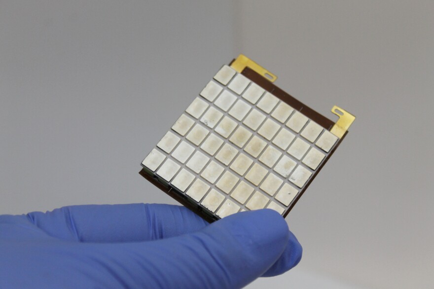 A thermoelectric PowerCard like this one can be used to convert waste heat into an electric power source, Alphabet Energy says.