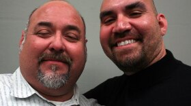 Ricardo Isaias Zavala (left) talked about his grandfather Vicente Domingo Villa with his son, Ricardo Javier Zavala, at StoryCorps in Austin, Texas.