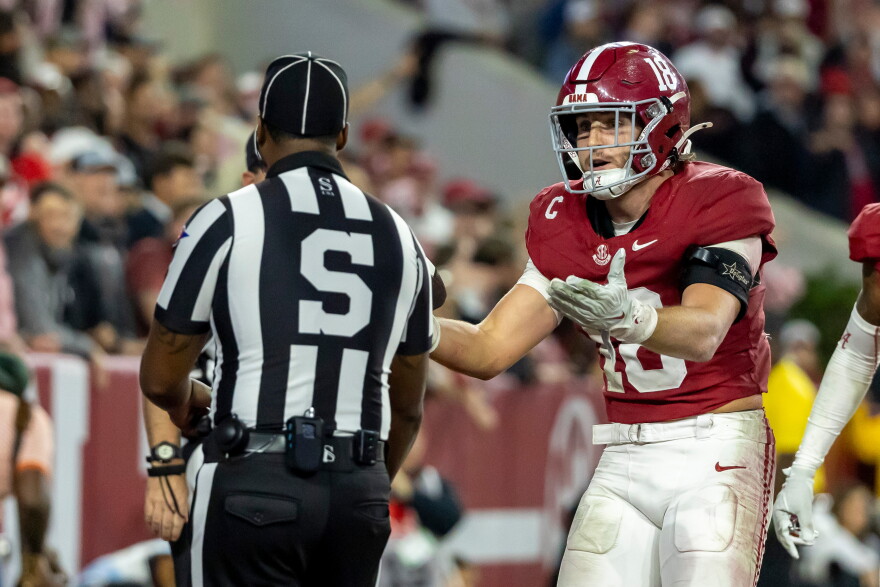 Alabama defensive back Bray Hubbard (18) argues unsuccessfully that he made an interception in the end zone against Georgia during the second half of an NCAA college football game Saturday, Oct. 10, 2026, in Tuscaloosa, Ala. (AP Photo/Vasha Hunt)