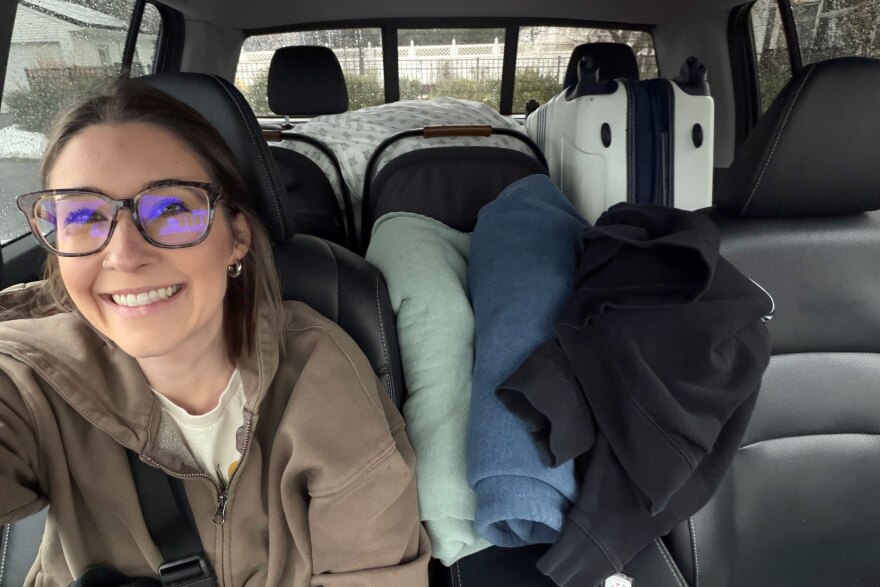 Natalie Jantz takes a selfie in her loaded rental truck as they are about to leave for the hospital in Dauphin County, Pennsylvania, Feb. 20, 2026.