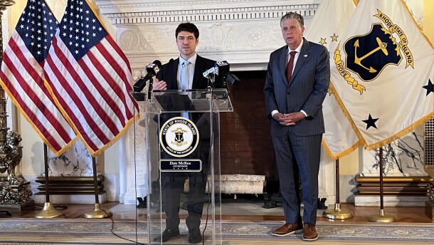 Health Insurance Commissioner Cory King and Governor McKee. Credit: Ian Donnis/Ocean State Media