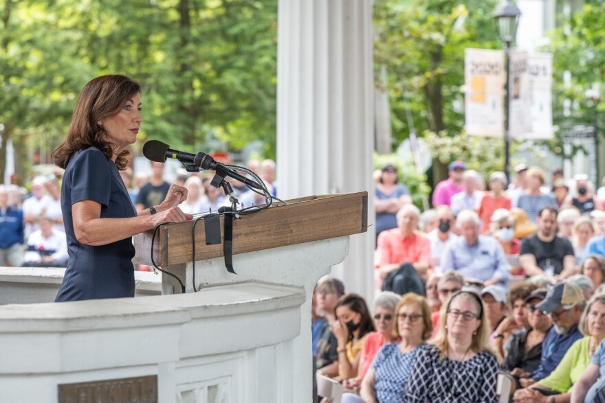 Gov. Kathy Hochul visits Chautauqua Institute, the site of the stabbing of Salmon Rushdie, Aug. 14, 2022.