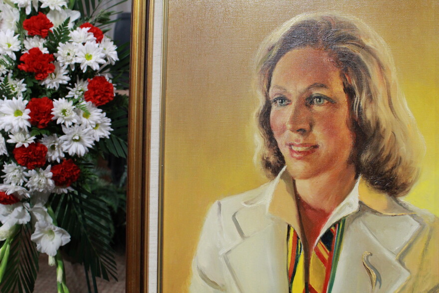 A portrait of a young Wally Funk at her celebration of life ceremony in Southlake, September 1, 2026.