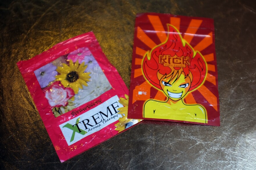 In this photo illustration, packets of K2 or "spice", a synthetic marijuana drug, are seen in East Harlem on August 5, 2015 in New York City.