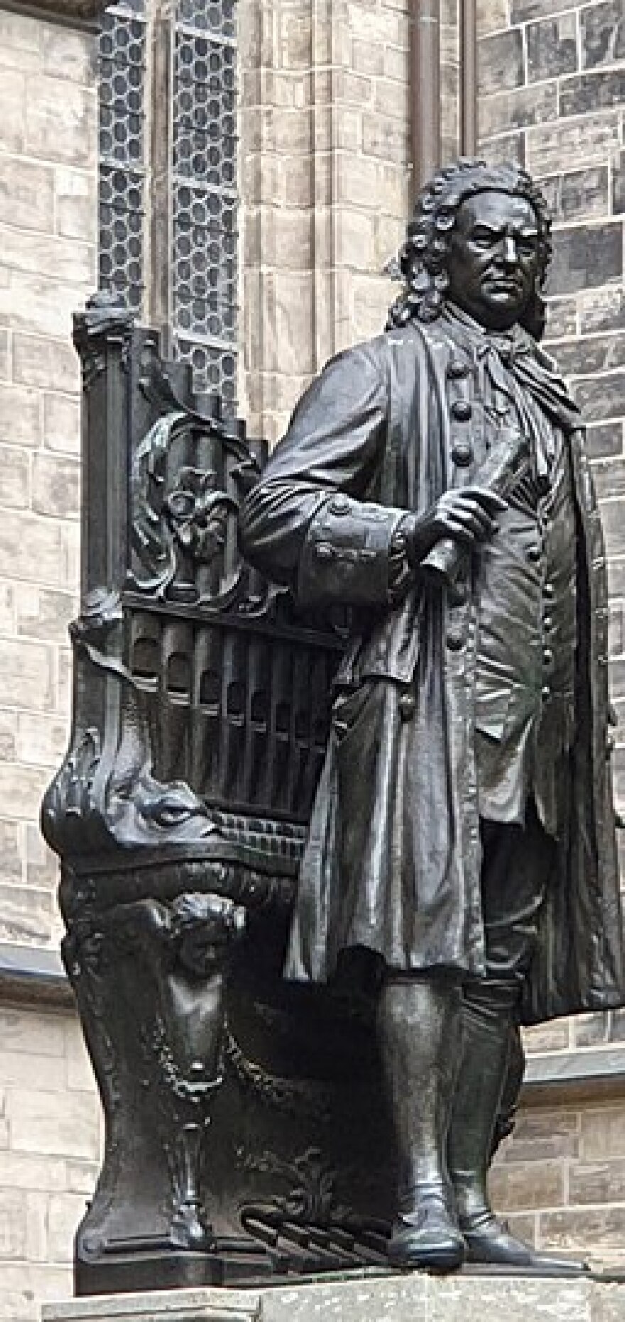 color photo of statue of J.S. Bach at St. Thomas Church, Leipzig