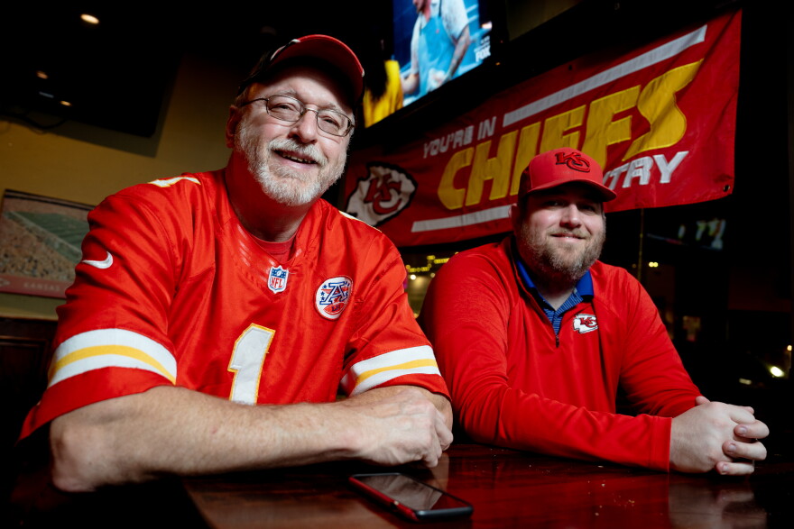 Kendel Beard, 58, of Webster Groves, and Bryan Bealmear, 35, of Affton, on Thursday, Feb. 8, 2024, at Weber’s Front Row Bar and Grill in Webster Groves. Beard and Bealmear are two of the organizers behind the self-described largest Kanas City Chiefs fan club in the St. Louis region.