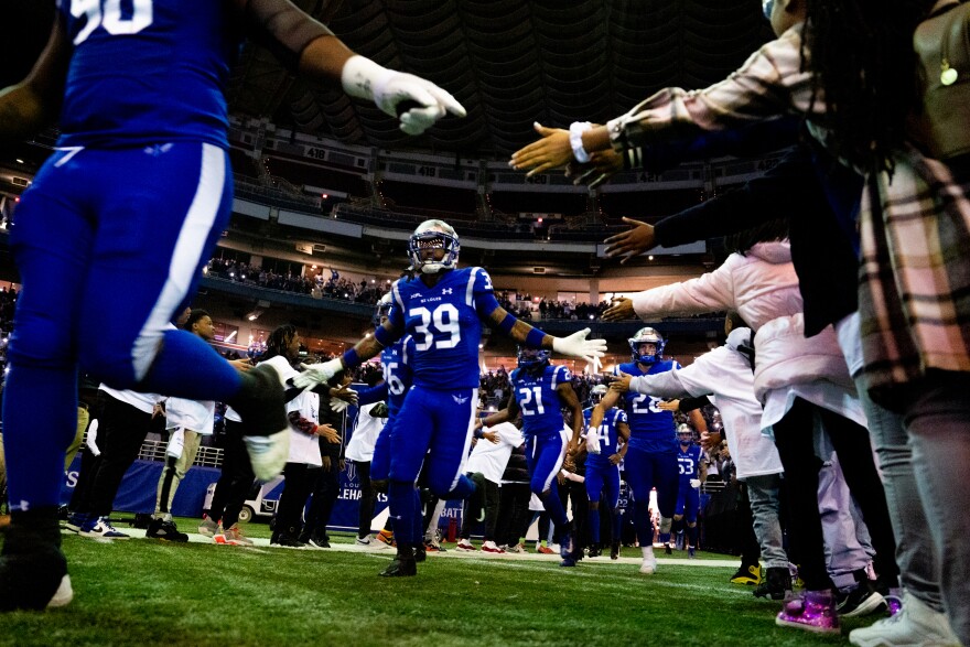 The St. Louis Battlehawks take the field for their inaugural home XFL matchup against the Arlington Renegades on Sunday, March 12, 2023, at the Dome at America’s Center in downtown St. Louis.
