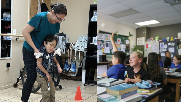 Left: Alexis Liggett's son, AJ, during a session with On Trak Physical Therapy, which is also an ESA vendor. Right: Students at Southwestern Christian