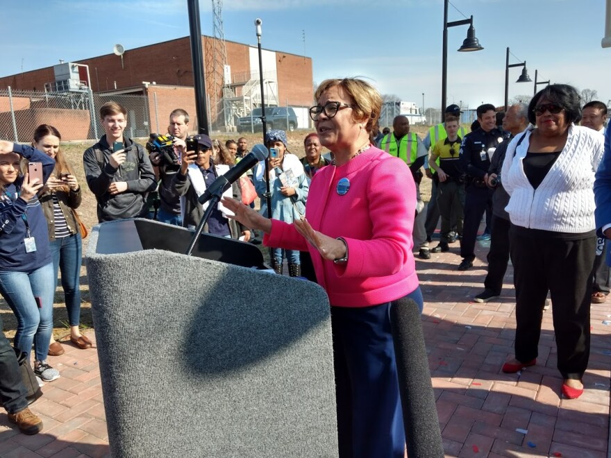 Mayor Vi Lyles addresses the crowd after a ribbon cutting Friday at the new 9th Street Station. 