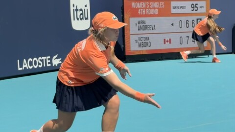 Alyssa Kuteneva, 14, rolls a ball across the field during a match featuring Russian player Mirra Andreeva and Canadian player Victoria Mboko at Hard Rock Stadium in Miami Gardens on March 23, 2026.