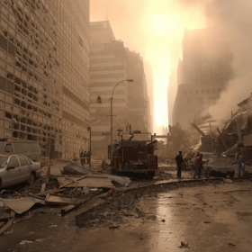 Wreckage litters the streets surrounding the World Trade Center on Sept. 13, 2001.