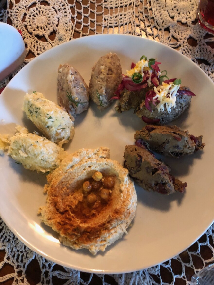 The menu at the Golden Rose is a mix of Israeli and traditionally Jewish foods, including a platter of delicious, although not all kosher, dips.