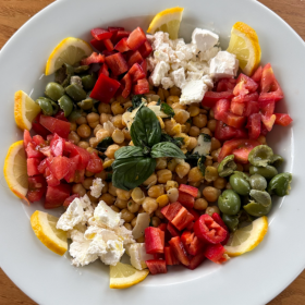 Chickpea “Greek” salad. (Kathy Gunst/Here & Now)