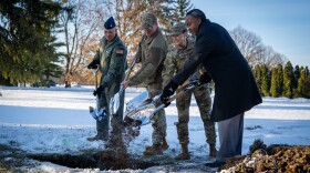 Pictured are Col. Dustin Richards, 88th Air Base Wing and Installation Commander, Col. Marietta Sanders, 88th Mission Support Group Commander, Col. Michael Frayser, 88th Medical Group Commander, and Amir Mott, 88th Civil Engineering director, took part in the 88th Air Base Wing Time Capsule Burial Ceremony Dec. 16, 2025, at Wright-Patterson Air Force Base, Ohio. The event marked the burial of a new time capsule, following the opening of the previous one from 1999 earlier this year.
