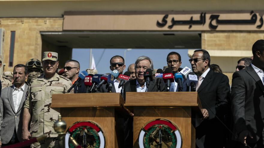 At a press conference in front of the Rafah border crossing on Friday, U.N. Secretary-General António Guterres called for an immediate cease-fire so aid can be delivered to Gaza.