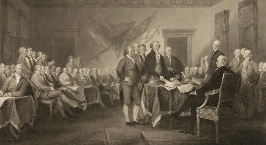 This image shows an 1876 engraving titled "Declaration of Independence, July 4th, 1776" made available by the Library of Congress. On that day, the Continental Congress formally endorsed the Declaration of Independence.