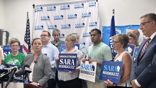 Democratic candidate for Wisconsin governor Sara Rodriguez speaks to supporters, Monday, July 13, 2026, in Madison, Wis.