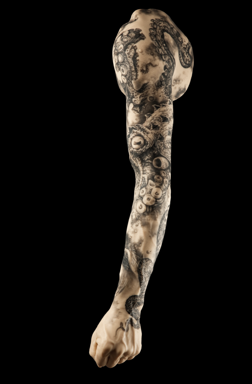 Kari Barba's tattooed silicone arm on display at the Natural History Museum of Los Angeles