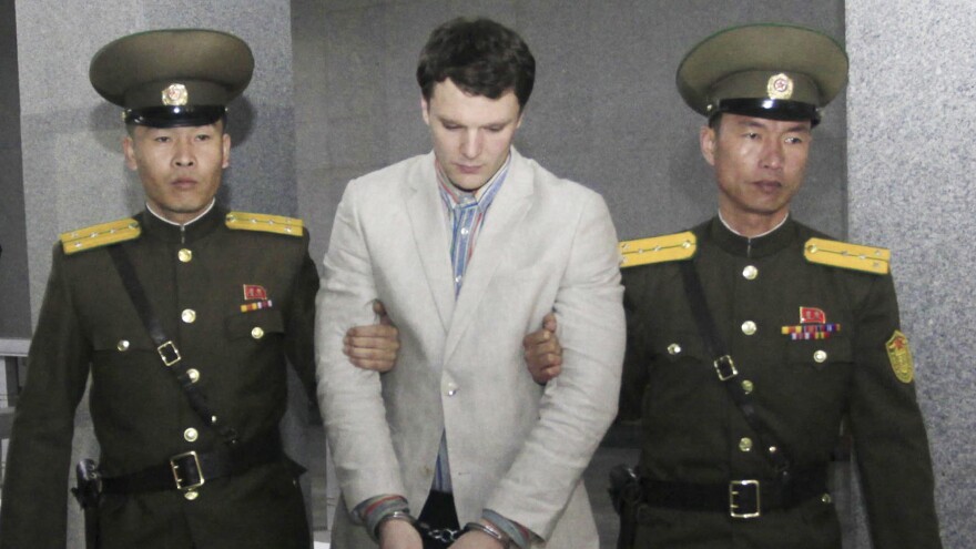 American student Otto Warmbier is escorted at the Supreme Court in Pyongyang, North Korea, on March 16. He was sentenced to 15 years of hard labor for subversion after he allegedly stole a propaganda poster.