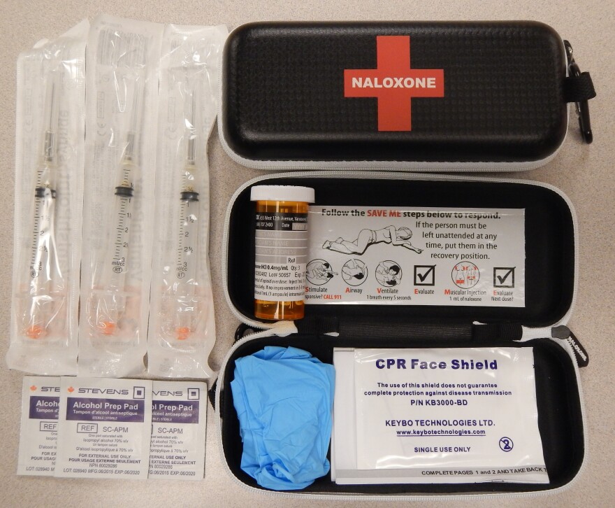 Naloxone kits as distributed in British Columbia, Canada. Naloxone treats overdose caused by narcotics in an emergency situation.