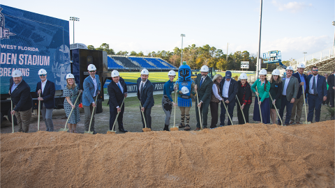 The University of West Florida officially broke ground on the Darrell Gooden Stadium on Feb. 11. The multi-use facility expands seating capacity from approximately 3,800 to 7,500, and includes premium seating, club areas and suites.