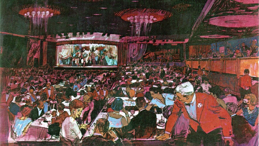 A postcard depicting a color rendition of the Copa Room showroom at the Sands Hotel and Casino. (1960 - 1969)