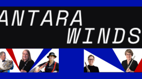 The top half of the image is a black background with the words ANTARA WINDS. Underneath that is a blue background with red and white accents, in which each member of Antara Winds are pictured individual with their instruments, from left to right: Peter Kurau in a white tux with black bowtie playing the French horn, Peggy Quackenbush wearing a black top holding her clarinet and smiling at the camera, Blaire Koerner wearing a black blouse, read suspenders, and black bowler hat, holding her bassoon over her shoulder while lounging, Terry Fonda Smith wearing a black top and glasses holding an oboe and smiling at the camera, and Diane Smith, wearing black top with a collar, a silver necklace, and glasses, holding her flute, and smiling at the camera. 