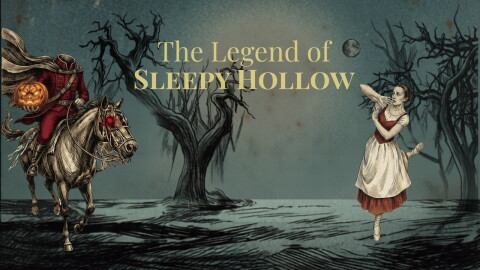 Banner for "The Legend of Sleepy Hollow"; a headless horseman and a female in a ballet pose in in a dark wooded background