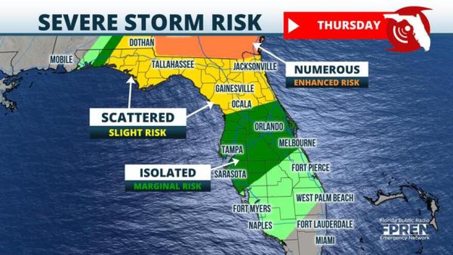 Severe Weather Risk Spreads Eastward Thursday to Include Parts of the Florida Peninsula