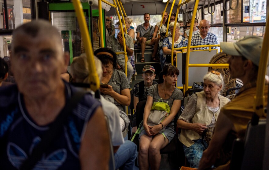 People in Mykolaiv wait for an evacuation organized by local authorities to the city of Odesa, days after Kyiv announced the start of a southern counteroffensive to retake Russian-occupied territory, on Thursday.