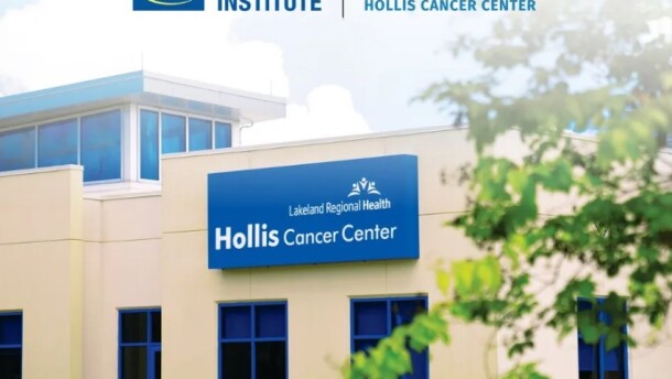 Exterior of a building with a blue sigh: Hollis Cancer Center