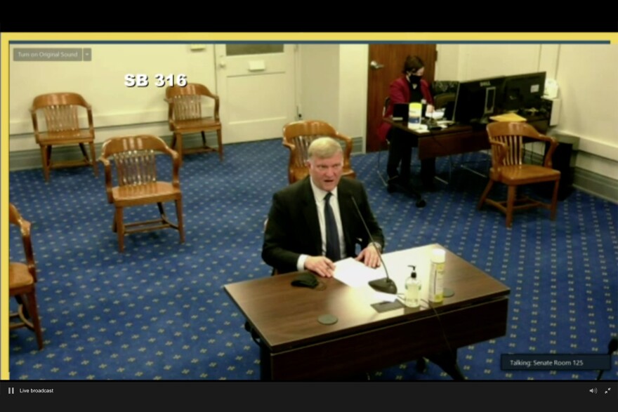 Indiana Department of Veterans Affairs Director Dennis Wimer discusses the Military Family Relief Fund in a Senate committee hearing.