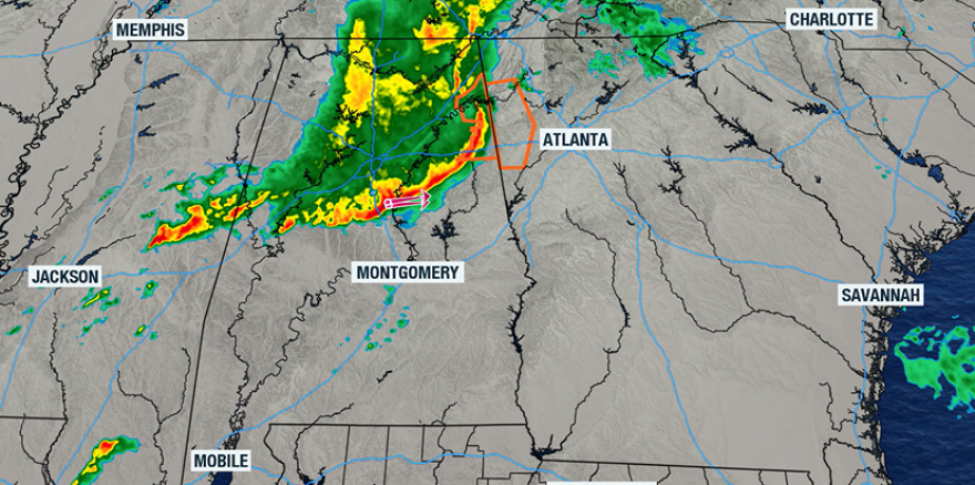 Radar image from Tuesday morning showing rain approaching metro Atlanta.