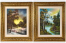 two side-by-side paintings. on left if a winter stream with yellow sky and trees. on right is a snowy mountain top with a lake/stream and a small cabin in the trees.