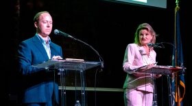 State Sens. Ethan Corson and Cindy Holscher, pictured together in April, joined Overland Park Mayor Curt Skoog in a debate Friday on Fox 4 television featuring questions about Democratic Gov. Laura Kelly's influence in the primary gubernatorial campaigns of Corson, Holscher and Skoog. Kelly endorsed Corson. The primary election is Tuesday.