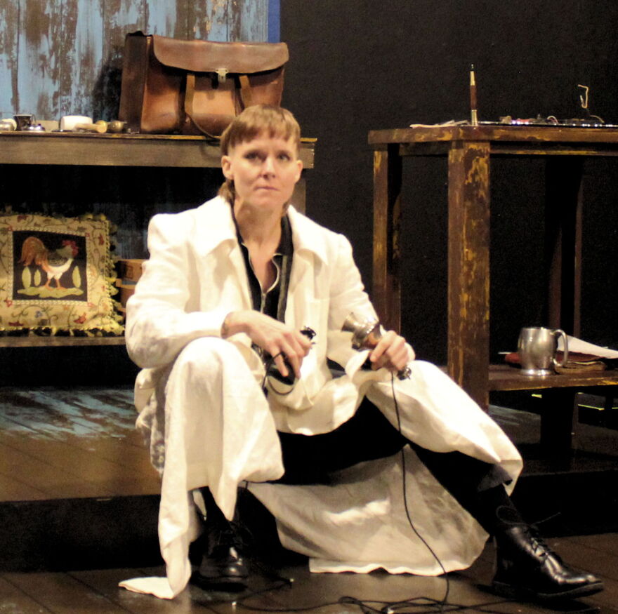 Amber McNew as inventor Elijah Gray during 'Ahoy-Hoy' rehearsal at Urbanite Theatre.