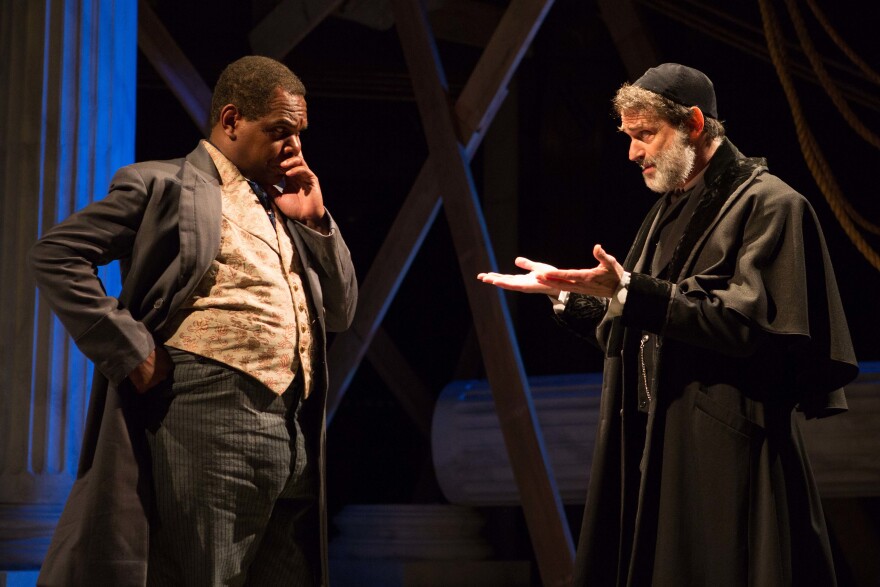 Antoine (Craig Wallace, left) is <em>District Merchants'</em> Antonio, whose "pound of flesh" lender Shylock (Matthew Boston) is after.