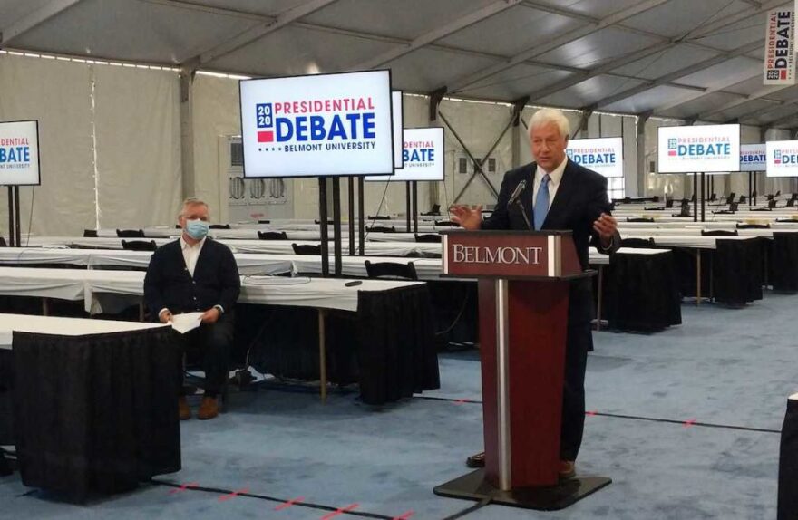 Belmont President Bob Fisher and Nashville Mayor John Cooper talk about preparations on the Friday before the debate.