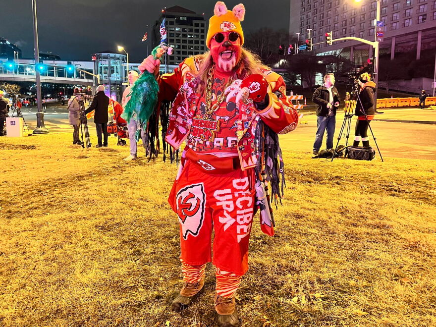 Lynn "Weirdwolf" Schmidt, a Chiefs superfan, arrived at the parade route around 6 a.m.