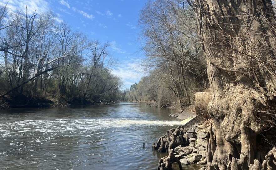 To the right, a pipe discharges water from a nearby water treatment plant run by the city of Rocky Mount on March 10, 2026.