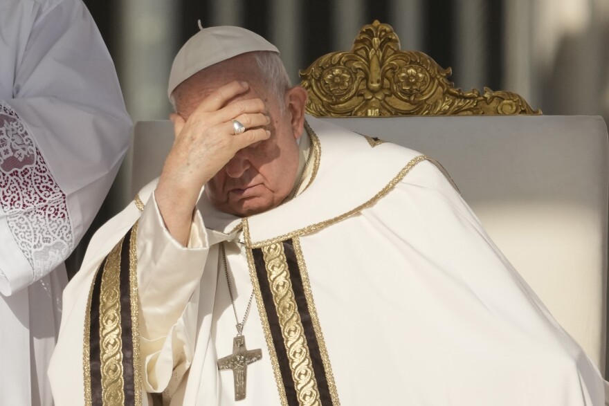 Pope Francis presides over mass to open the Synod of Bishops in St. Peter's Square at The Vatican, Wednesday, Oct.4, 2023.