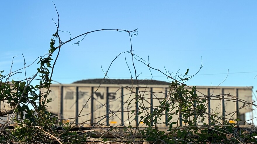 A Norfolk Southern rail car carries coal near Lambert’s Point. (Photo by Katherine Hafner)