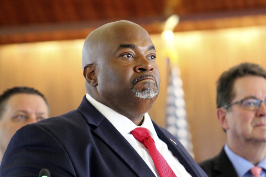 North Carolina Republican Lt. Gov. Mark Robinson speaks Tuesday, Aug. 24, 2021, in Raleigh, N.C., as Senate Republicans advanced a measure that would limit how teachers can discuss racial concepts inside the classroom.