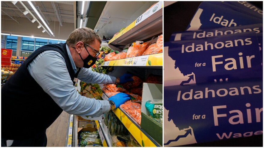 A photo collage with a man stocking produce at the grocery store on the left and stickers that say "Idahoans for a fair wage" on the right. 