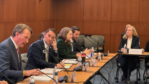 Virginia Governor Glenn Youngkin welcomes Governor-elect Abigail Spanberger during a recent meeting of the Governor’s Advisory Council on Revenue Estimates