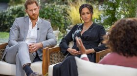 In this handout image provided by Harpo Productions, Oprah Winfrey interviews Prince Harry and Meghan Markle on A CBS Primetime Special.