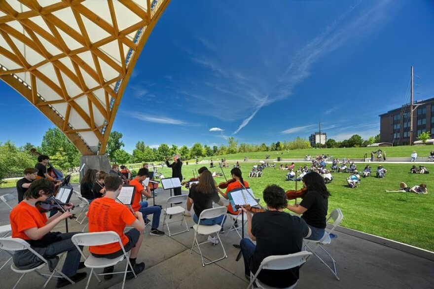 Orchestra players on an amphitheater stage with audience members spread out on a lawn.
